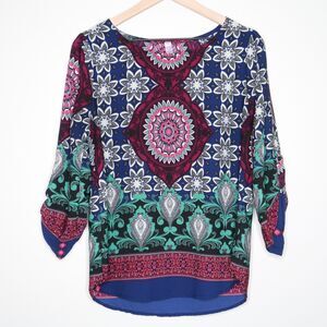 Alya Womens Blouse Medium Blue Purple Floral 3/4 Sleeve Peasantcore Boho Hippie